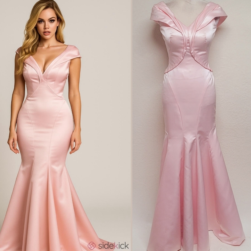80s Vintage Light Pink Duchess Satin Pleated Off-Shoulder Maxi Mermaid Dress XS